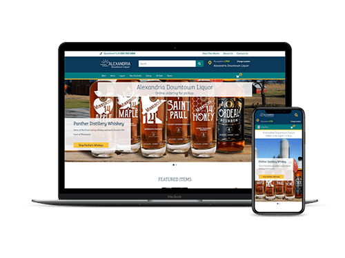 Alexandria Liquor website displayed on a laptop and smartphone